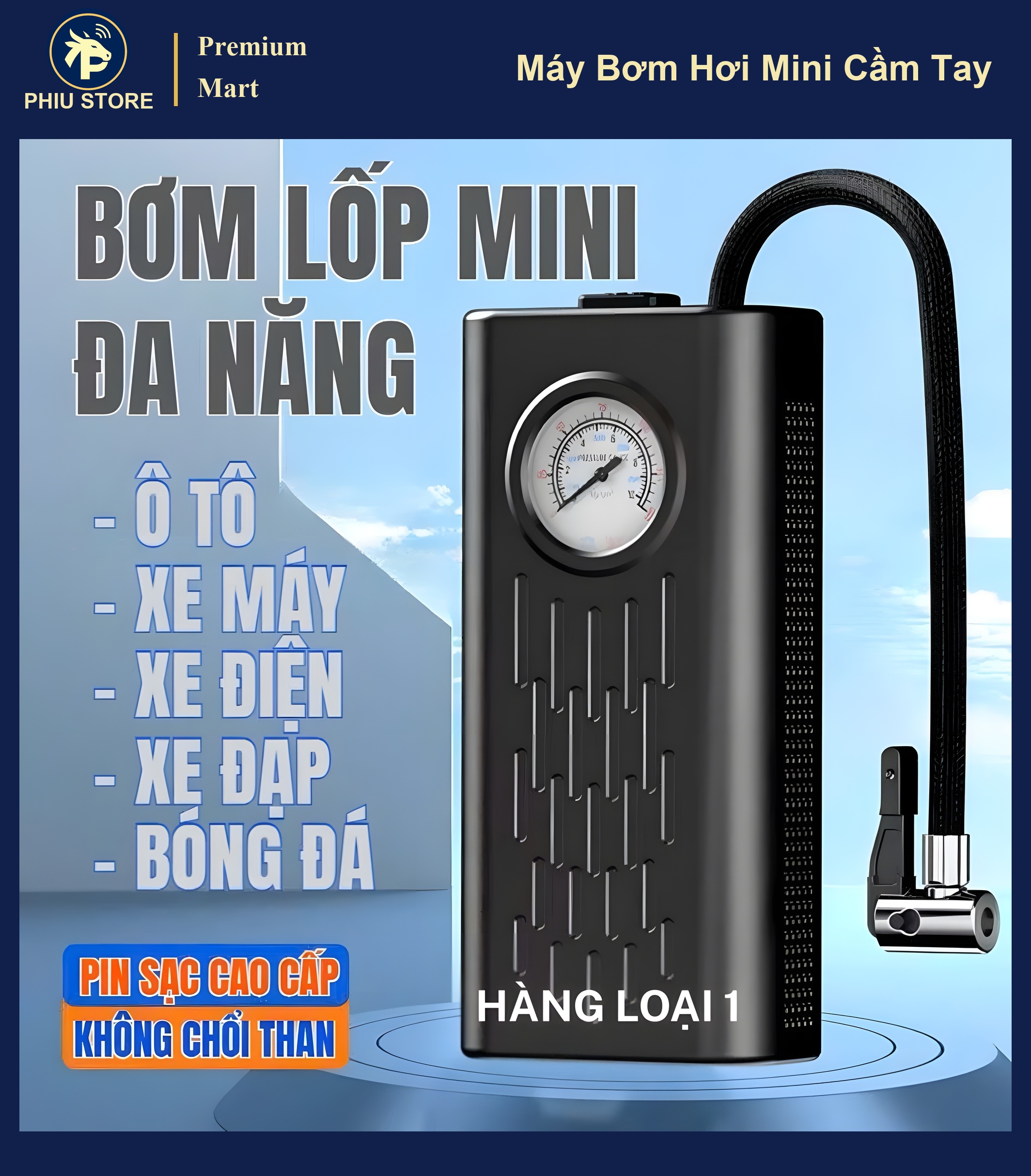 Máy Bơm Hơi Mini Cầm Tay Dùng Pin - Bơm Lốp Xe Máy Ô Tô Xe Đạp, Sạc USB, Tự Ngắt, Đèn LED
