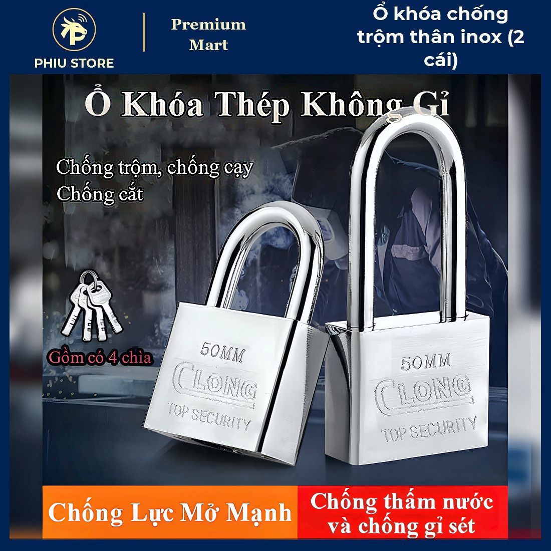 Ổ Khóa Chống Cắt - Ổ Khóa Chống Trộm Thân Inox (2 Cái), Ổ Khóa Chống Trộm Chống Cắt - PHIU STORE