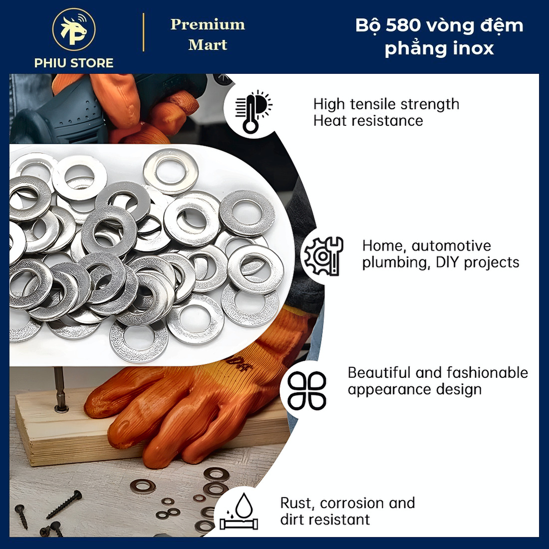 Vòng Đệm Phẳng Inox 304 - Bộ 580 Long Đền Phẳng 9 Cỡ M2-M12, Vòng Đệm Inox Chống Gỉ - PHIU STORE_thumbnail_2