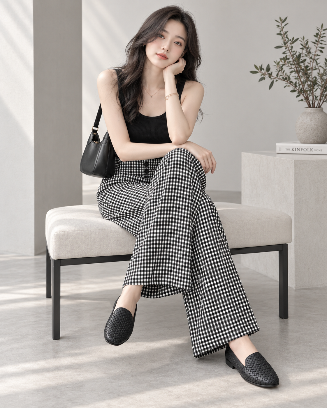 Quần Caro Đen Trắng Cạp Cao Hàng Khuy Ống Rộng Thanh Lịch - MQ003