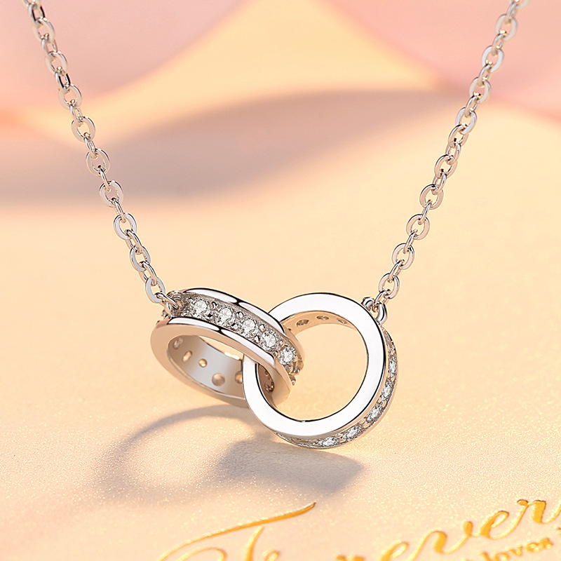 Dây Chuyền Bạc S925 Mẫu Vòng Tròn Đôi Đính Đá Zircon Tinh Xảo HTT037T Trắng - Vàng hồng_thumbnail_0