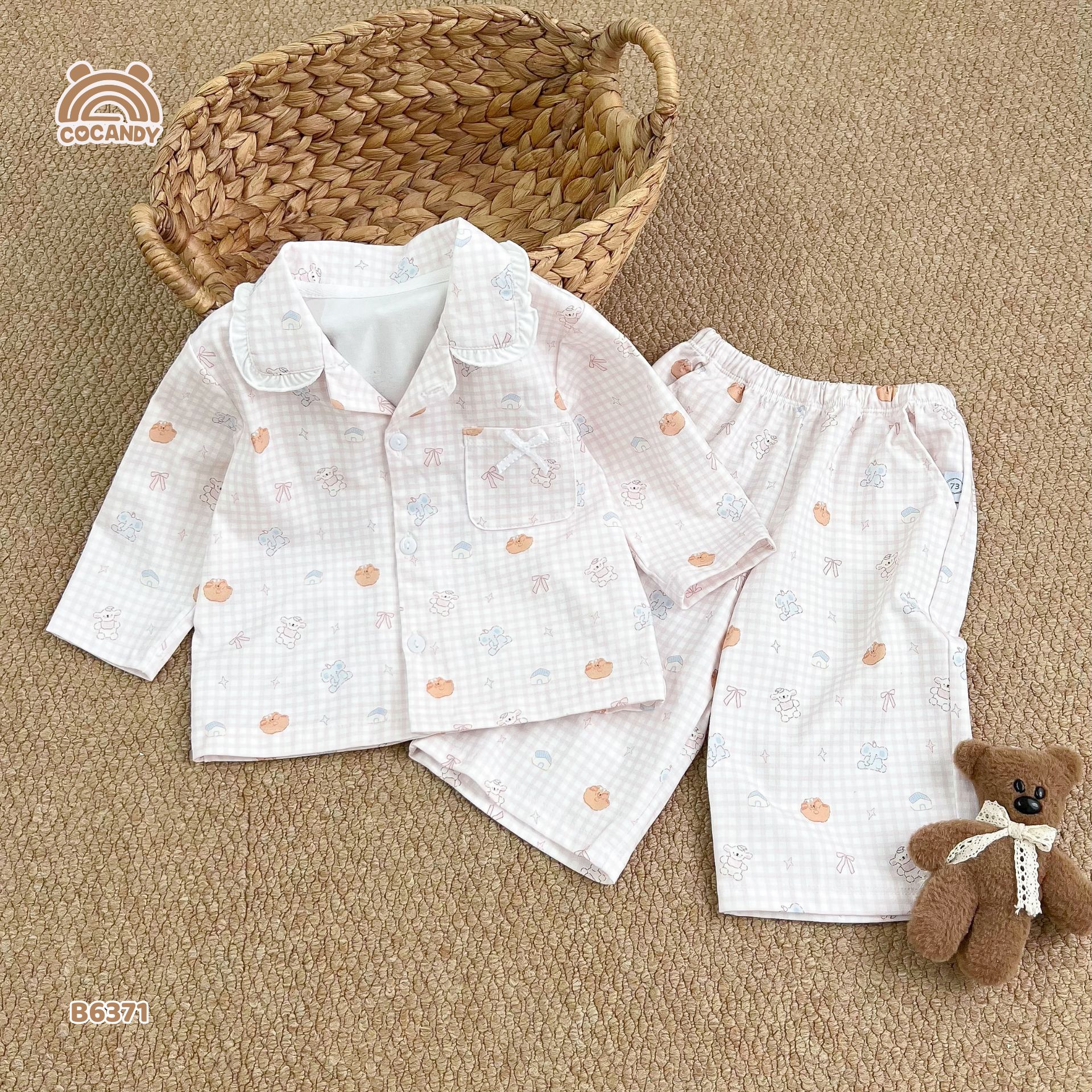 Bộ dài pijama HỒNG gấu nơ