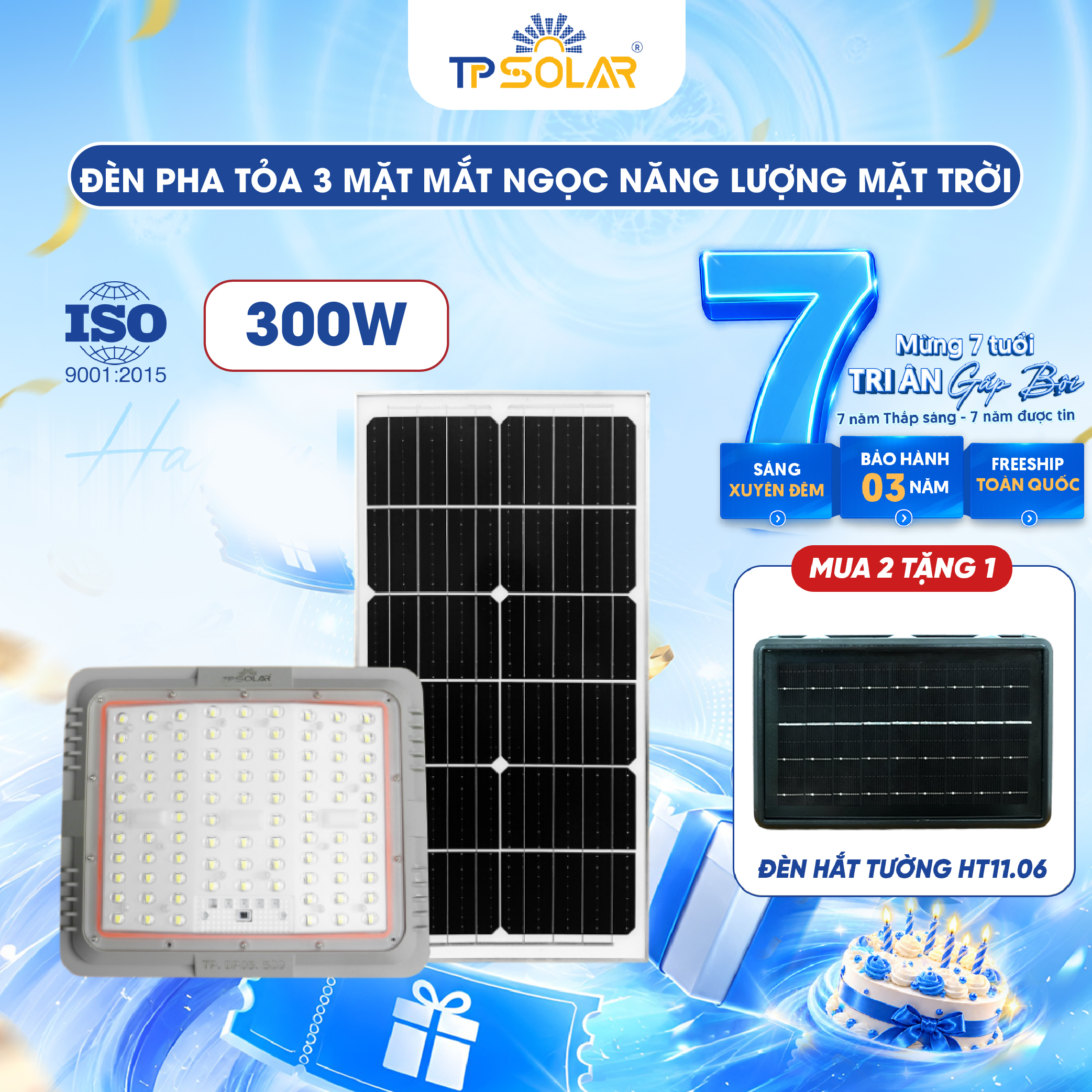Đèn pha mắt ngọc tỏa 3 mặt năng lượng mặt trời TP SOLAR DP05