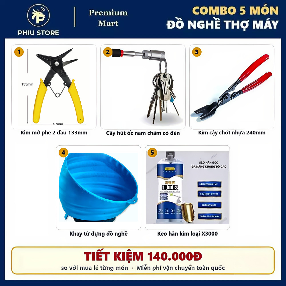 Combo Đồ Nghề Thợ Máy 5 Món - Kìm Mở Phe, Cây Hút Ốc Nam Châm, Kìm Cậy Chốt Nhựa, Khay Từ, Keo Hàn X3000
