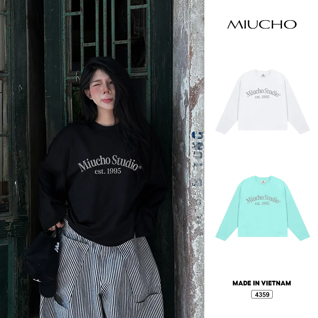 Áo thun nữ form boxy tay dài cổ tròn in chữ Miucho 4359