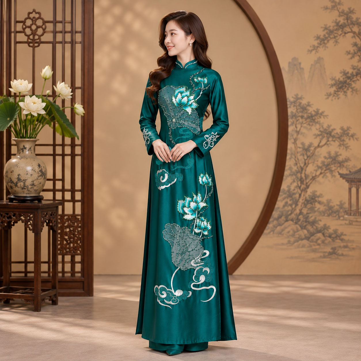 Áo Dài Mẹ Cô Dâu Chú Rể Ruby Thêu Hoa Sen Cao Cấp AM26-19_thumbnail_2