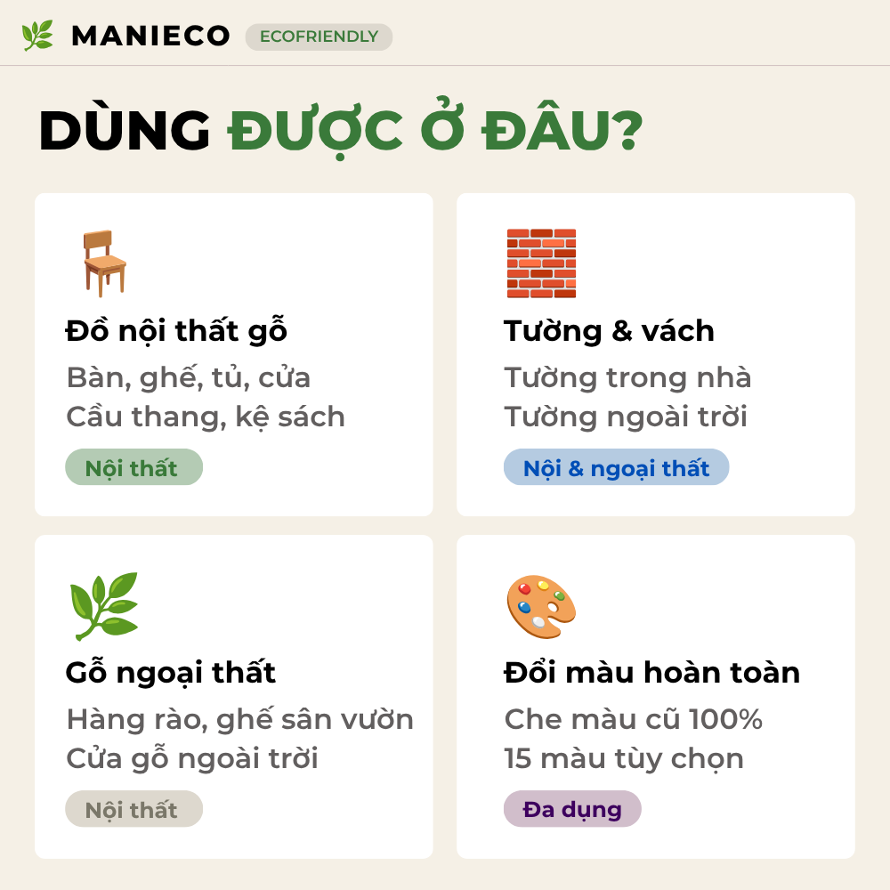 Màu Trắng Sứ - Sơn Gỗ Gốc Nước Đổi Màu Manieco 1KG - Nội Ngoại Thất, Che Phủ Hoàn Toàn, Không Mùi_thumbnail_3