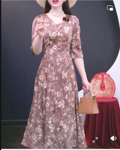 ĐẦM XÒE HOA TAY LỠ KÈM BELF - NÂU
