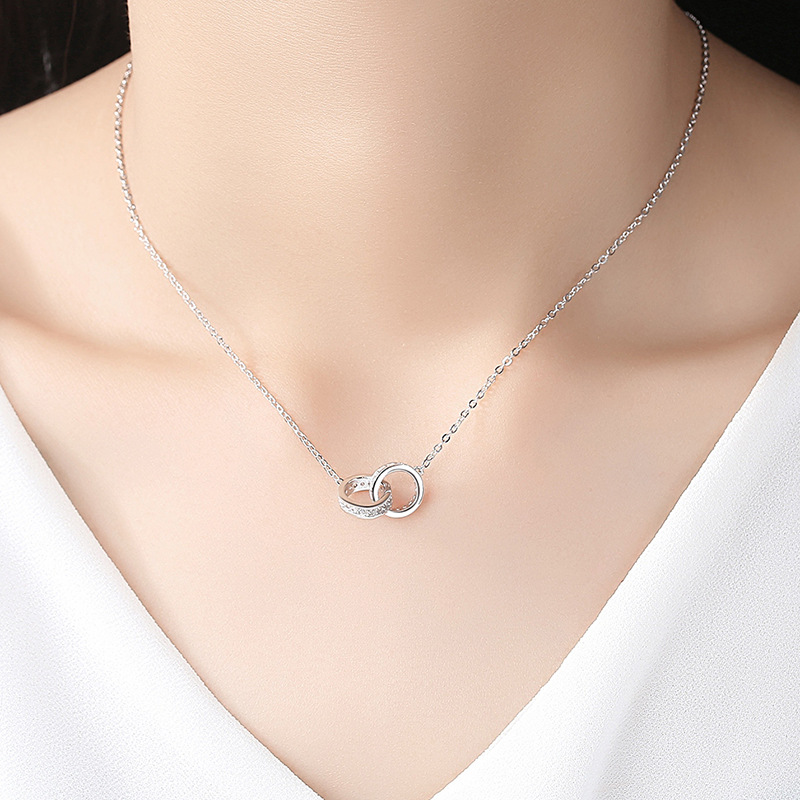 Dây Chuyền Bạc S925 Mẫu Vòng Tròn Đôi Đính Đá Zircon Tinh Xảo HTT037T Trắng - Vàng hồng_thumbnail_2