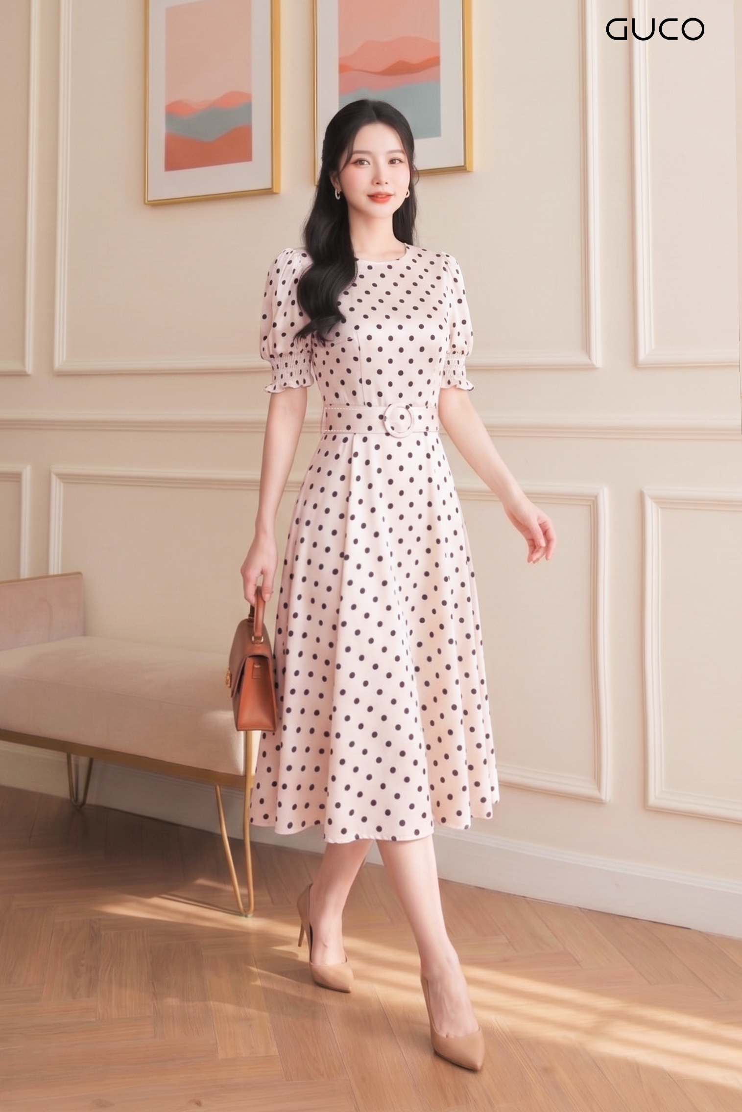 Đầm Xòe Kem Chấm Bi Thanh Lịch