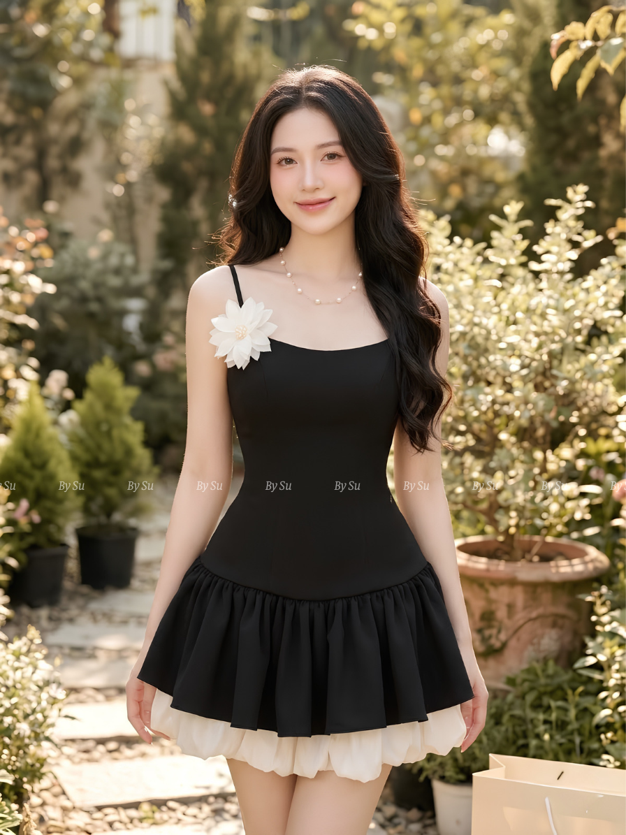 M26 - Đầm 2 Dây Bèo Nhún Phối Voan