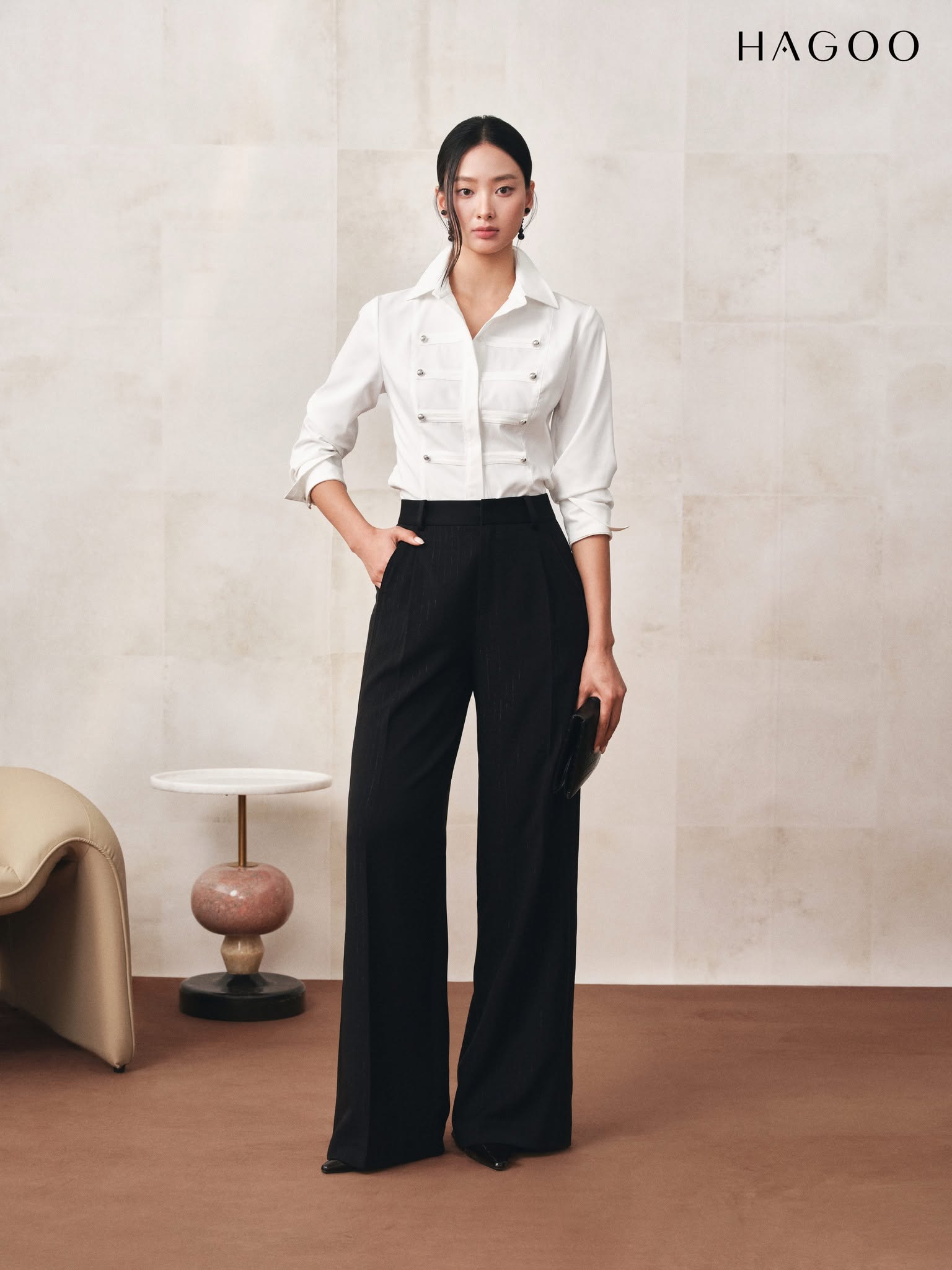 HAGOO Wide-Leg Pants with Subtle Stripes and Trim