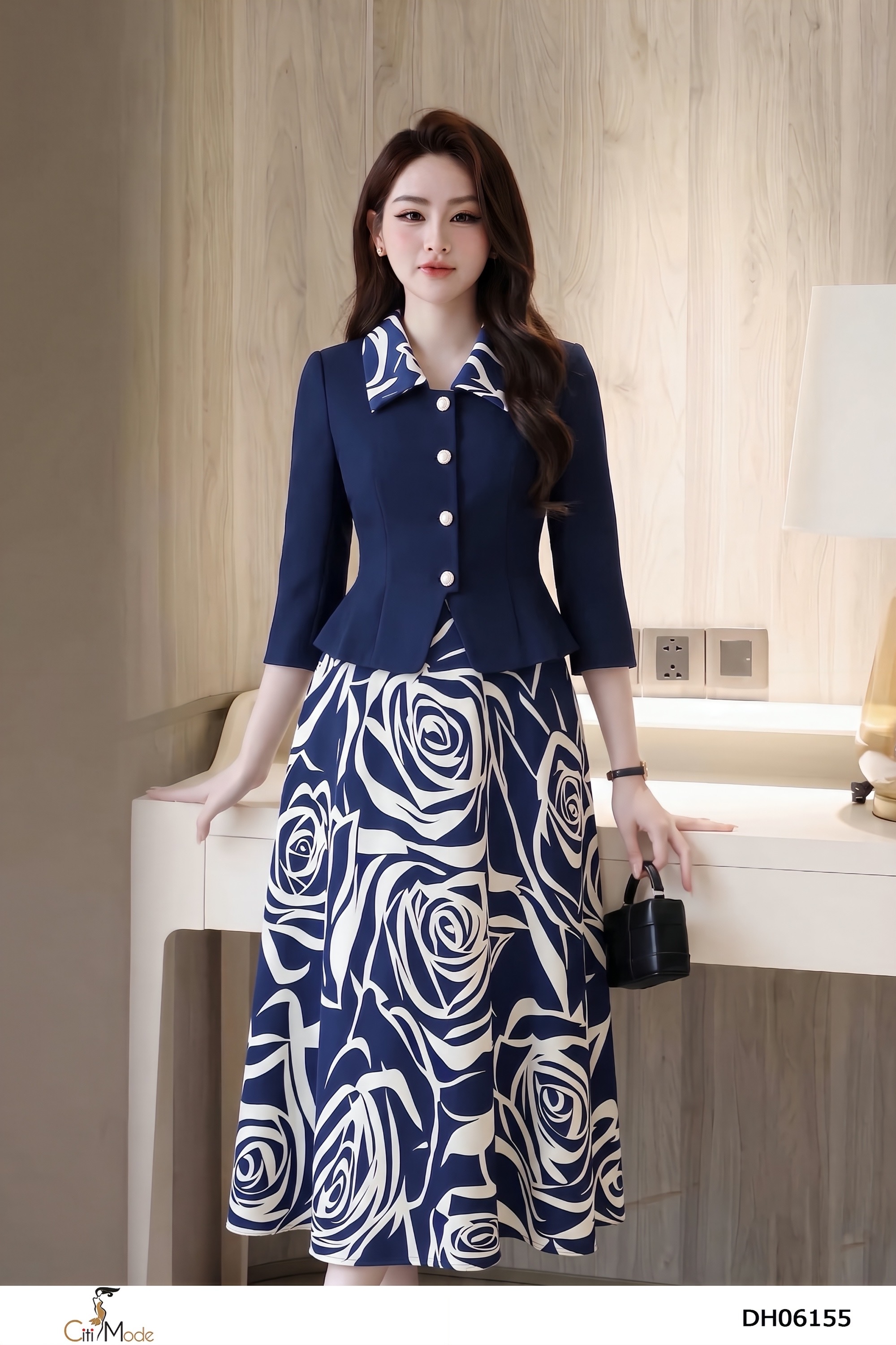 Đầm xòe giả set  xanh đen phối trắng tay lỡ cách điệu