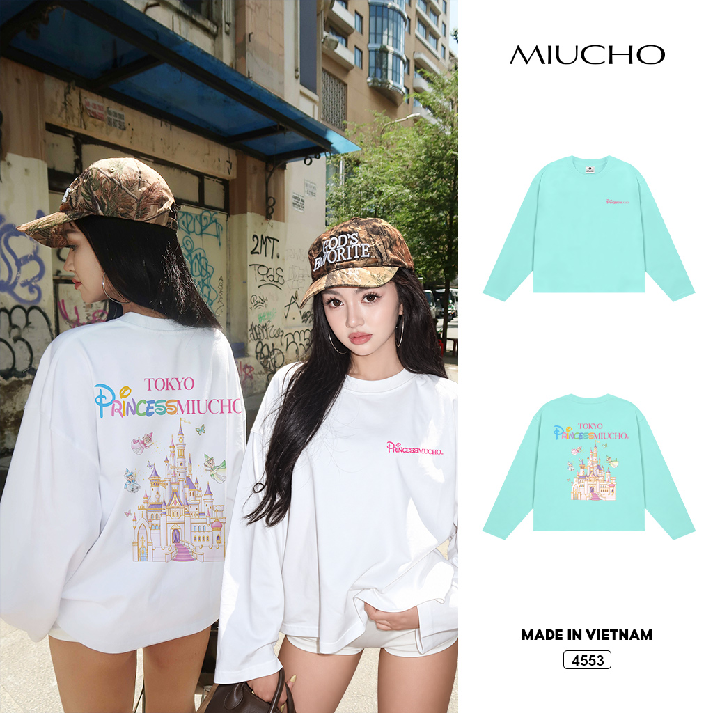 Áo thun boxy nữ tay dài Miucho cổ tròn in mix Hàn Quốc 4553