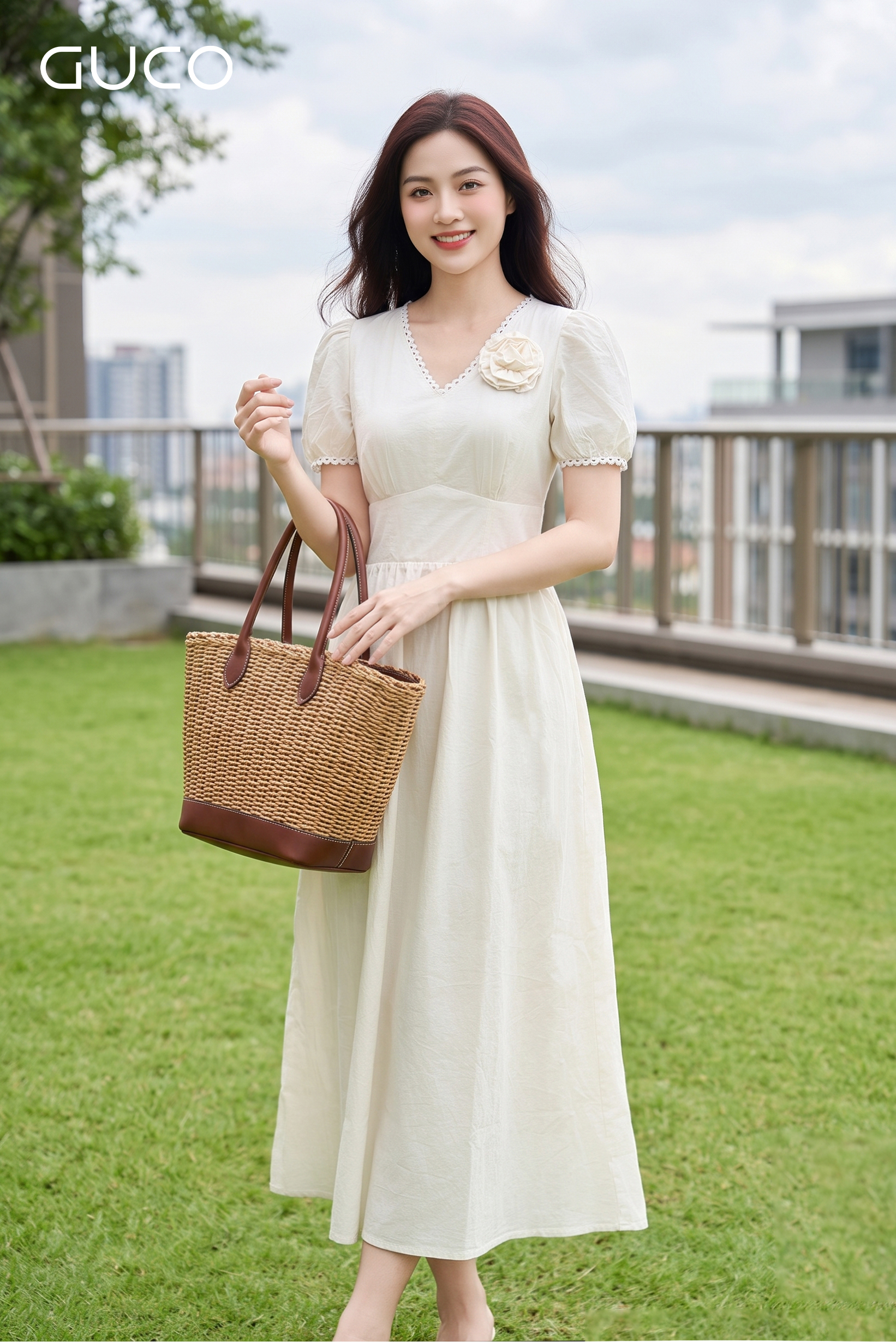 Đầm Maxi Trắng Hoa Cài  Cổ V Phối  Ren - 5181_thumbnail_0