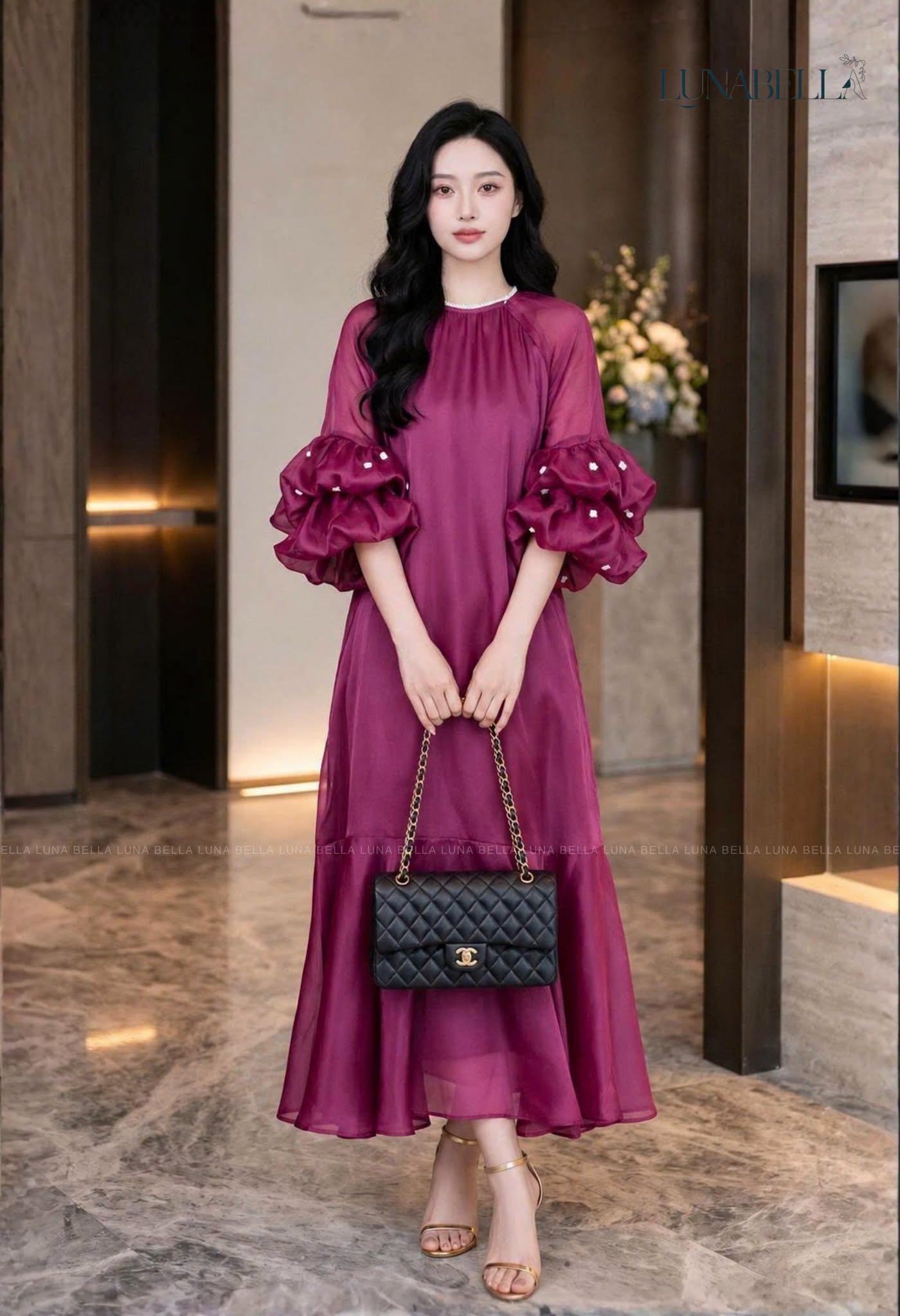 Váy suông tay bèo đính ngọc PEGGY màu TÍM BERRY_thumbnail_2