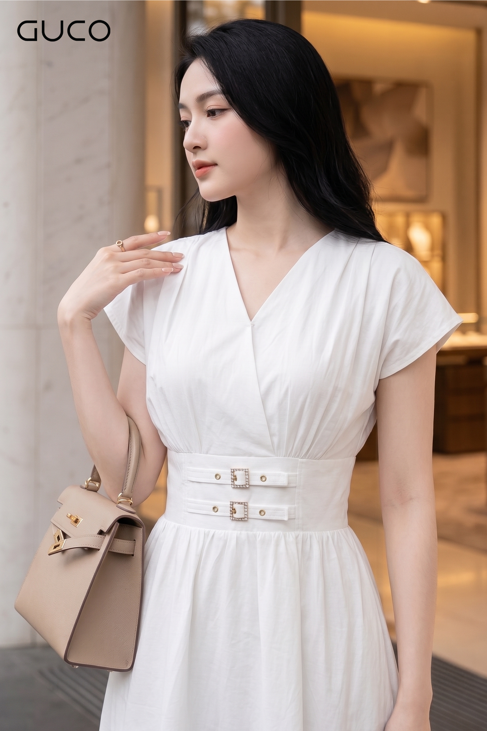 Đầm Midi Trắng Cổ V Xếp Ly Eo Corset_thumbnail_3