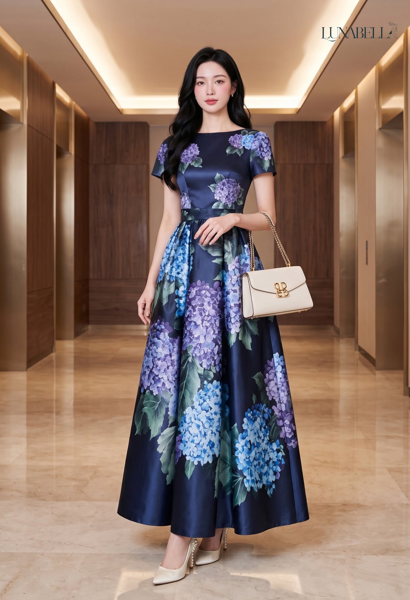 Váy tafta lụa dài AMETHYST in hoa màu NAVY_thumbnail_1
