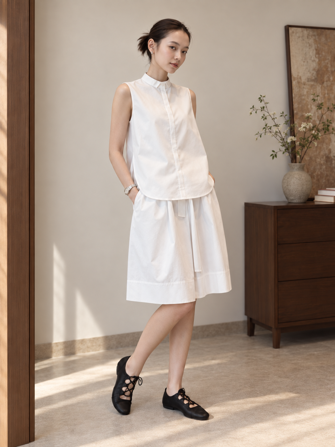 Set Trắng Cổ Sơ Mi Quần Lửng Dáng Rộng  - MS086