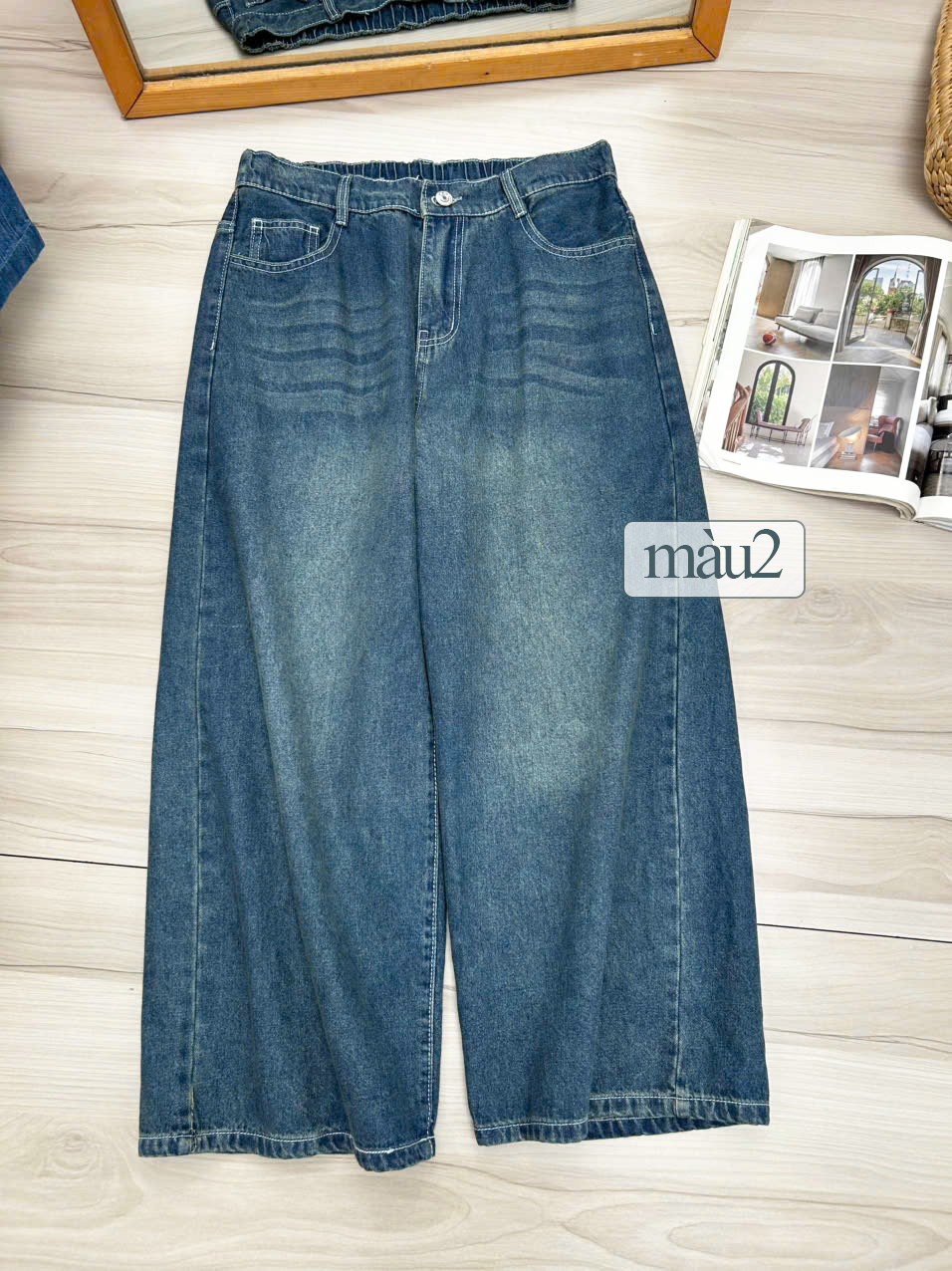 Quần suông jean màu 2 size M wash lưng phối thun