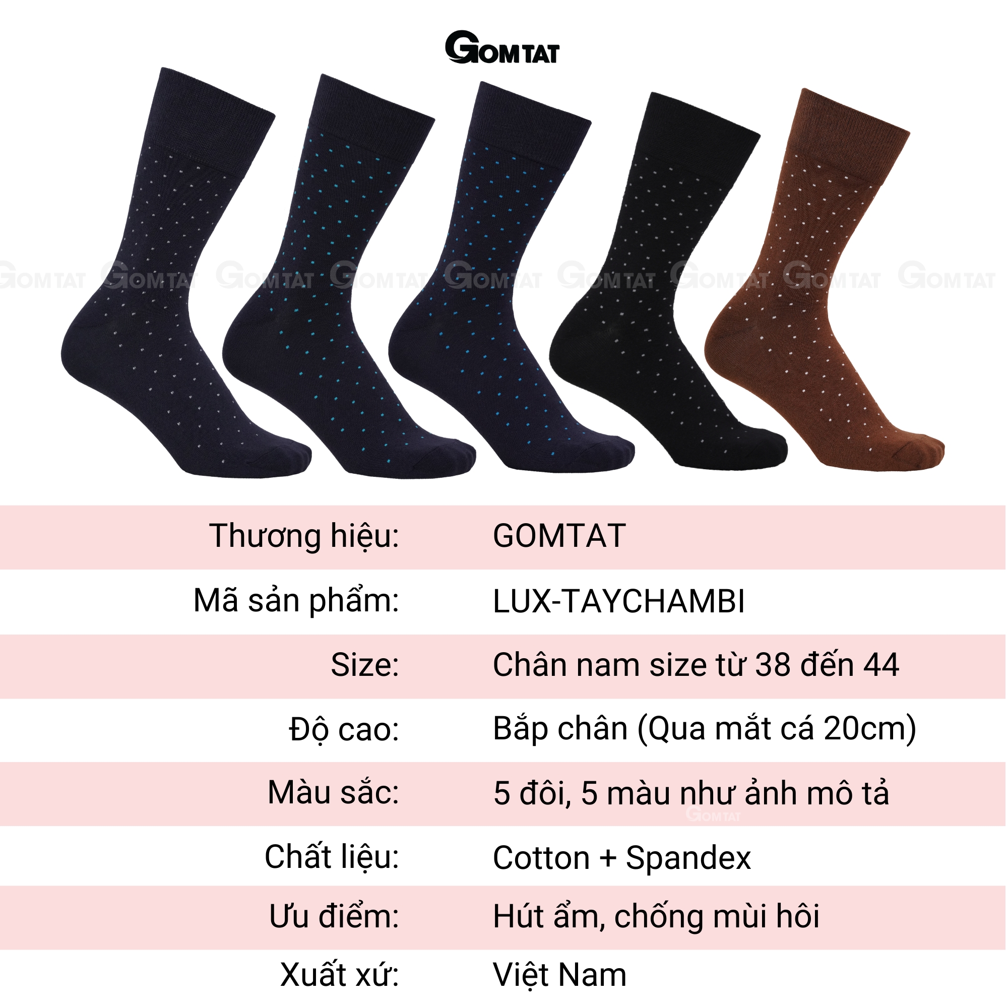 Hộp 5 đôi vớ nam cổ cao công sở GOMTAT hoạ tiết chấm bi, chất liệu cotton cao cấp LUX-CHAMBI-DUMAU-CB5_thumbnail_9