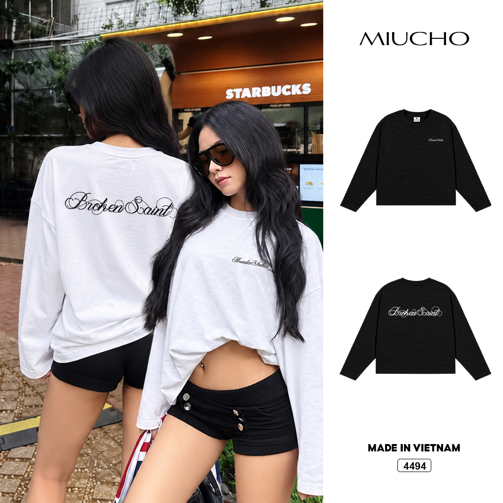 Áo thun tay dài boxy Miucho cotton xược Hàn Quốc 4494