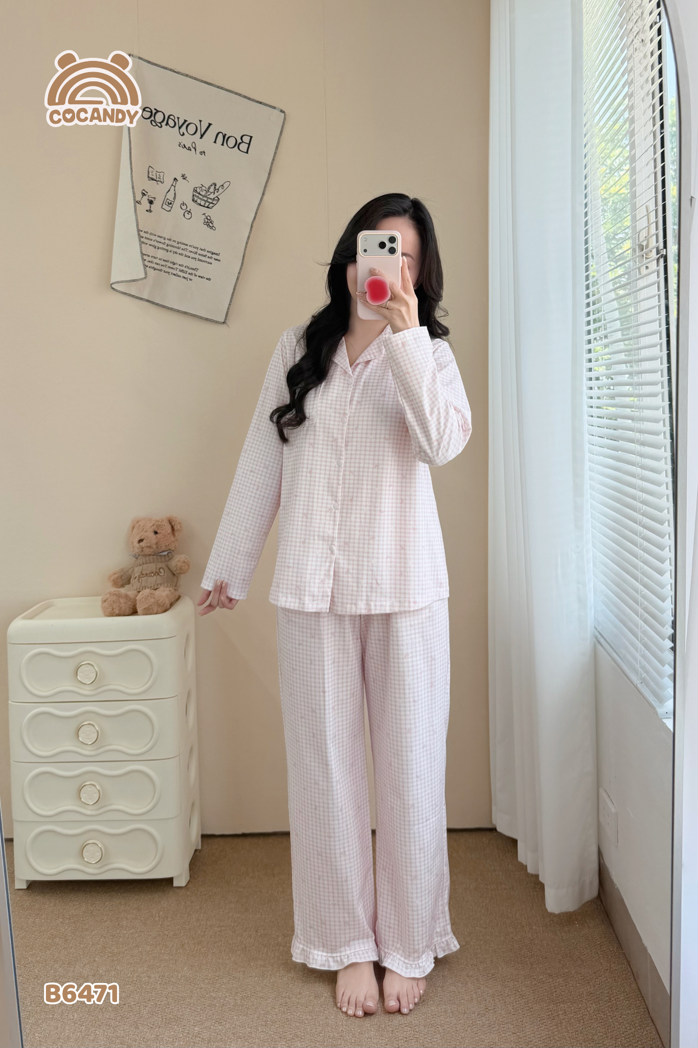 Bộ dài pijama HỒNG caro hoa nơ NỮ