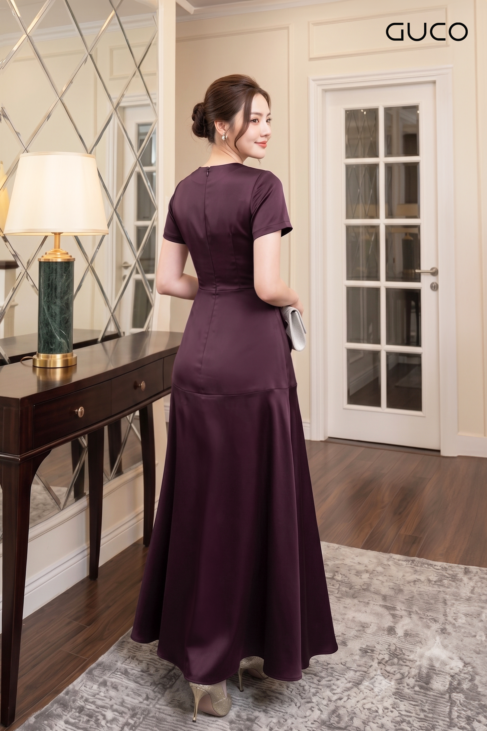 Đầm Dạ Hội Đỏ Burgundy Phối Bèo_thumbnail_2