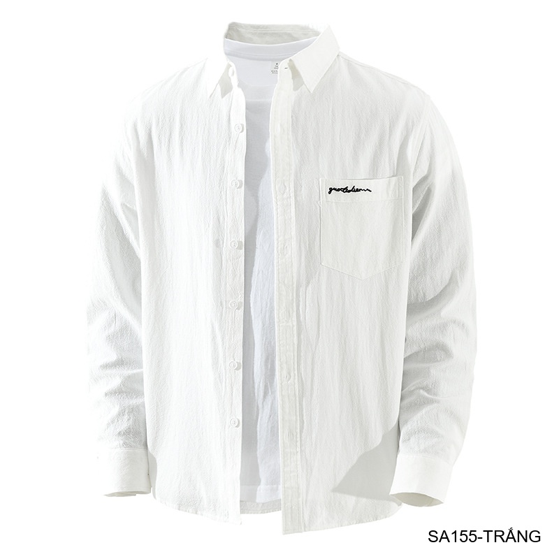 SA155 - Áo sơ mi nam dài tay phong cách Nhật, dáng rộng, thêu ngực, màu trắng đen