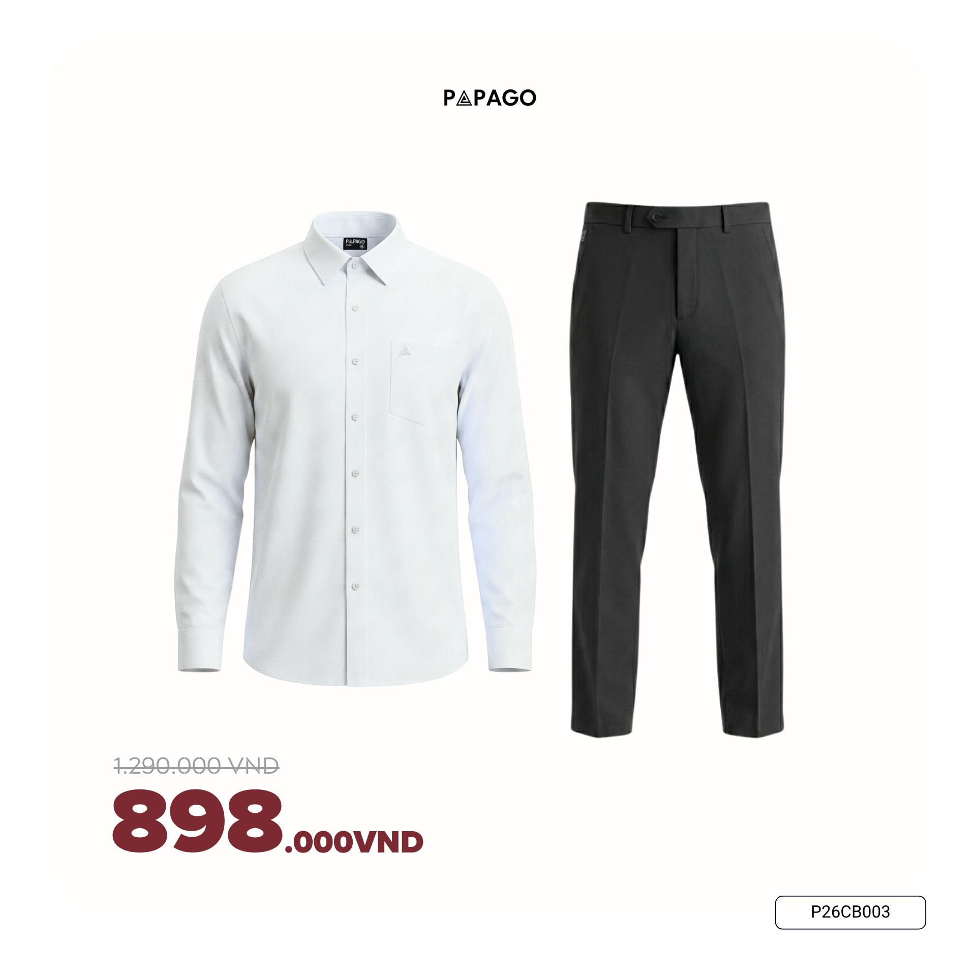 [Tặng Áo] Combo Áo Sơ Mi Nam Trắng Đen Vải Lụa & Quần Âu Vải Poly Trung Niên PAPAGO - P26CB003_thumbnail_1