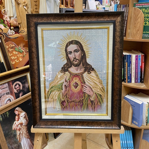 Tranh Dệt Thánh Tâm Chúa Giesu cao cấp ánh vàng 42x52cm