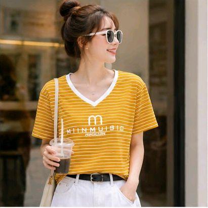 Áo Thun sọc ngang cổ tim M miinmusic Free Size 45-75kg Co Giãn 4 Chiều Tôn Dáng Mềm Mịn Thoáng Mát Dễ Phối Phong Cách_thumbnail_4