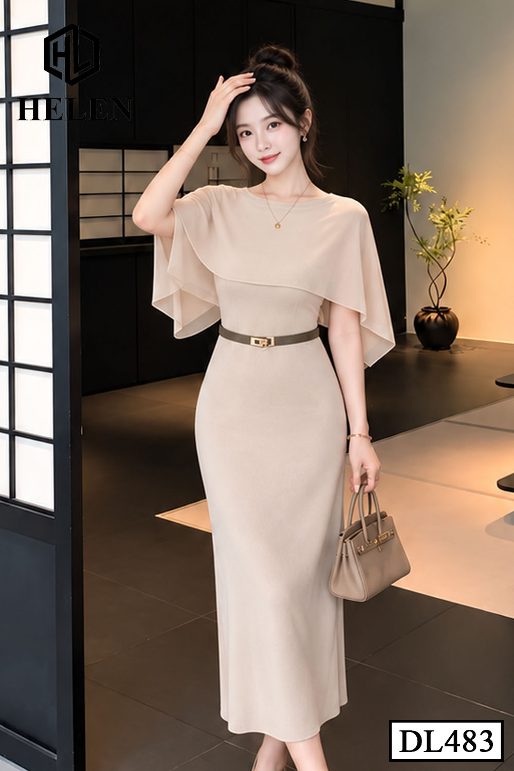 Đầm ôm cổ thuyền phối tơ màu kem DL483_thumbnail_3