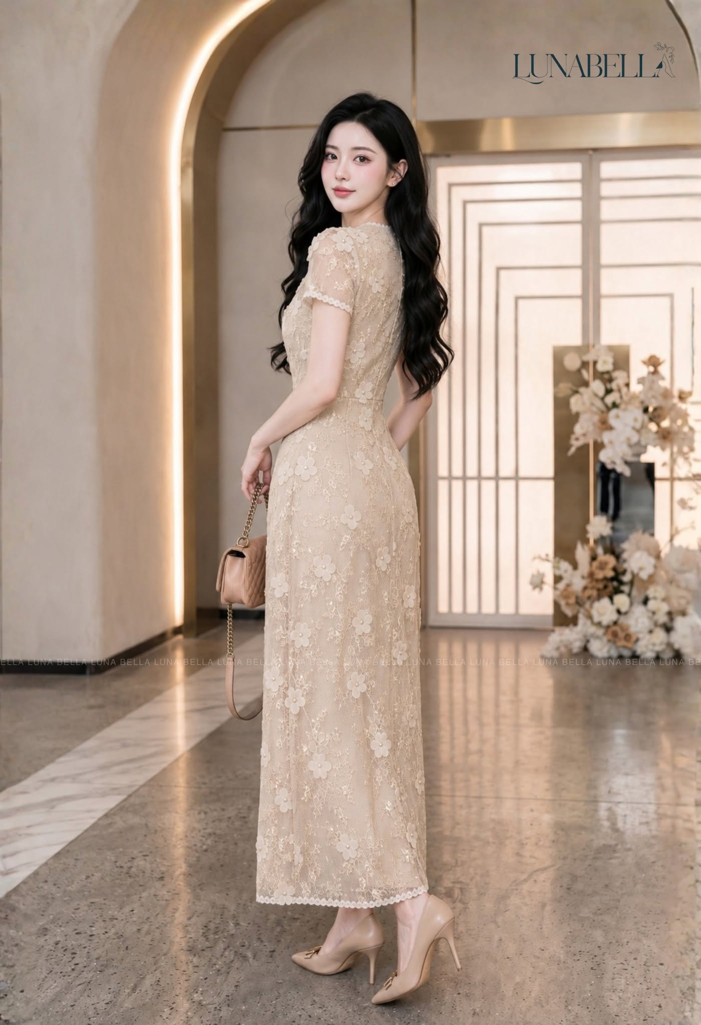Váy ren dài hoa nổi BECKY màu KEM_thumbnail_2