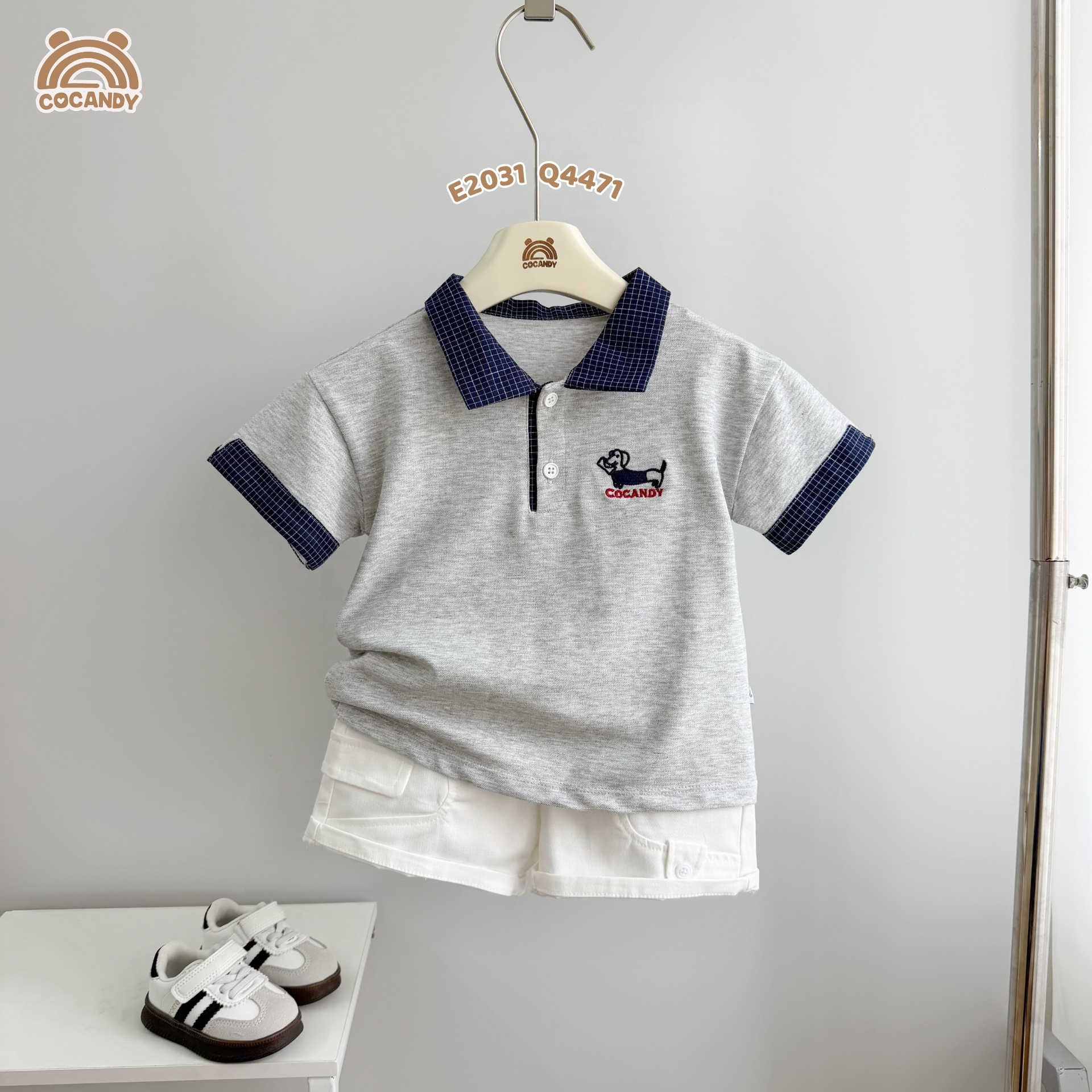 Áo cộc polo XÁM phối xanh navy