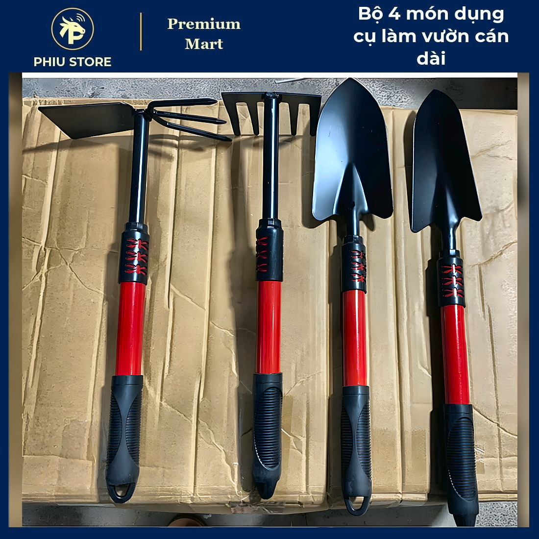 Bộ Làm Vườn 4 Món - Bộ 4 Món Dụng Cụ Làm Vườn Cán Dài, Bộ Xẻng Trồng Cây - PHIU STORE_thumbnail_1