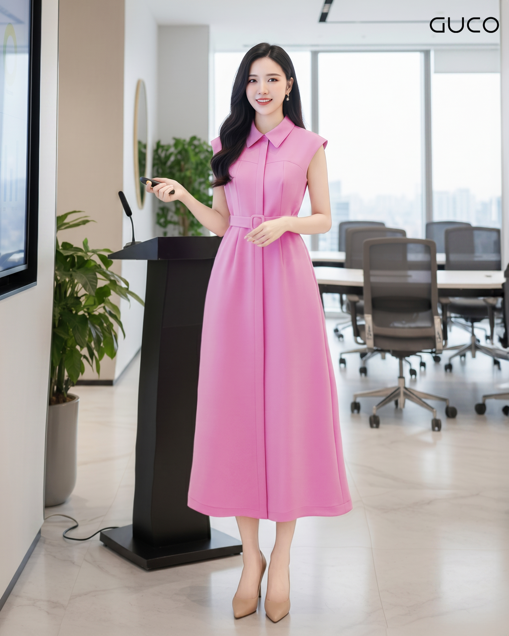 GUCO Đầm Hồng Pastel Thắt Đai