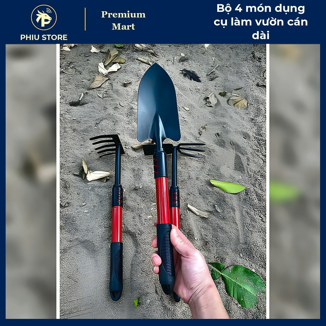 Bộ Làm Vườn 4 Món - Bộ 4 Món Dụng Cụ Làm Vườn Cán Dài, Bộ Xẻng Trồng Cây - PHIU STORE