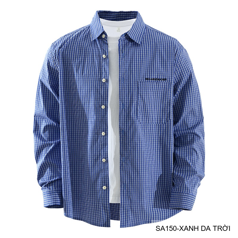 SA150 - Áo sơ mi nam kẻ caro phong cách Nhật Bản, tay dài, form rộng thoải mái màu xanh da trời_thumbnail_4