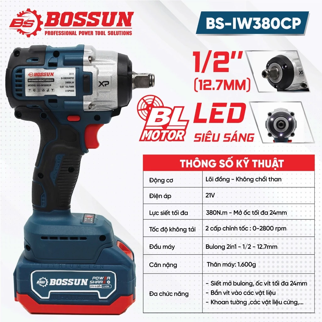 Máy siết Bulong Bossun BS-IW380CP –Máy siết Bulong lực 380N- Động cơ không than - Không chổi than - Đầu đa năng 12,7mm - Giá rẻ