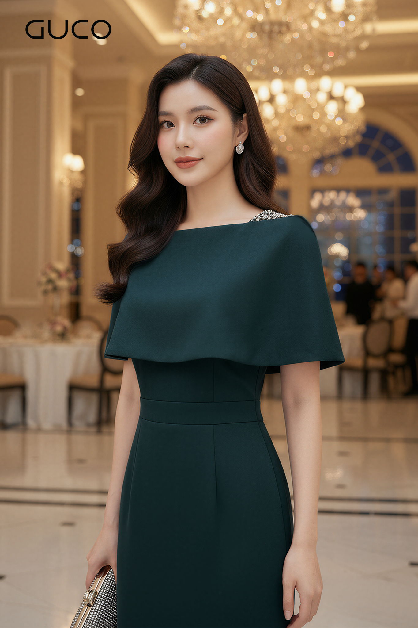 GUCO  Đầm Xanh Rêu Thanh Lịch Đính Đá_thumbnail_1