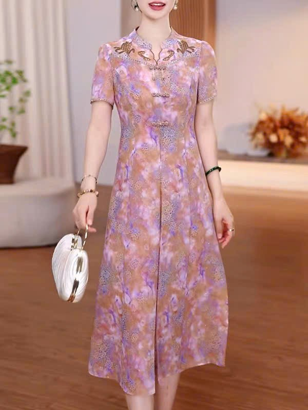 18777-Đầm voan hồng  xẻ tà cổ cut lazer cách điệu (voan,lót)