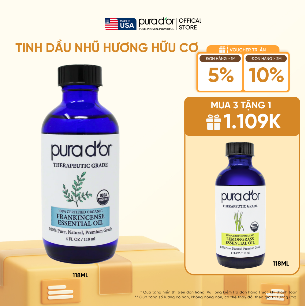 Tinh Dầu Nhũ Hương Hữu Cơ Pura D'or Therapeutic Grade Frankincense Essential Oil 118ml