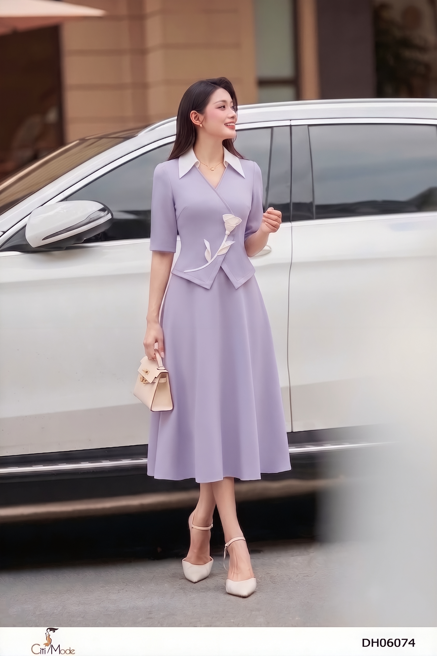 Đầm xòe tím giả sét cổ V đức đính hoa eo, tay lỡ