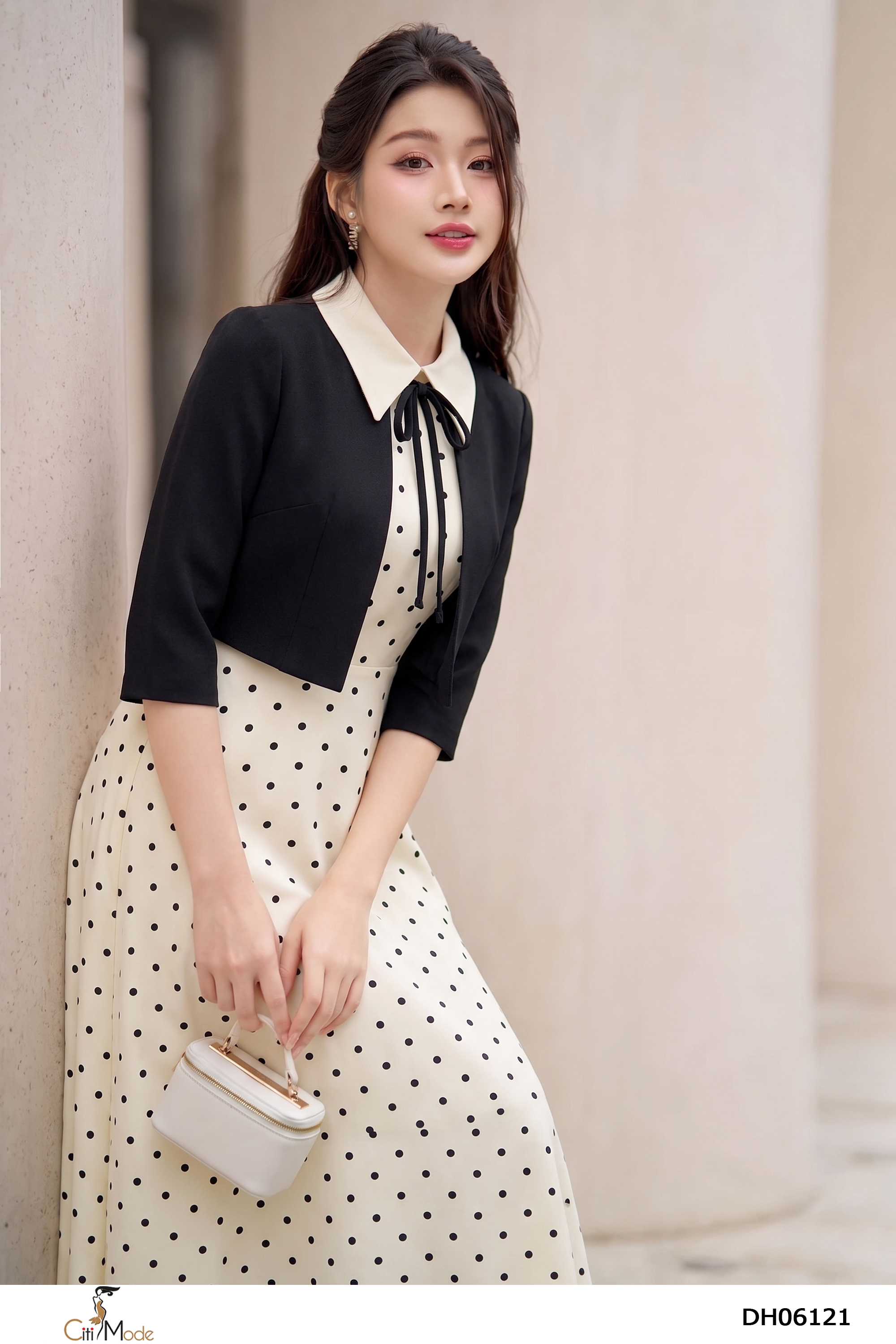 Đầm xòe chấm bi phối đen giả set cổ cách điệu tay lỡ_thumbnail_5
