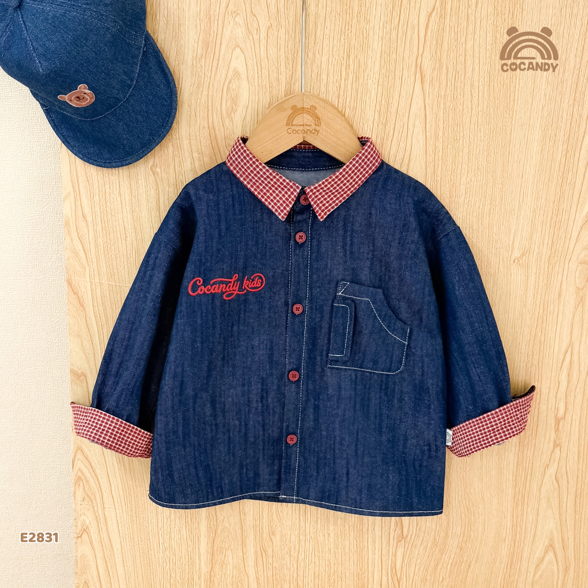 Áo dài sơ mi XANH jeans phối caro đỏ_thumbnail_3