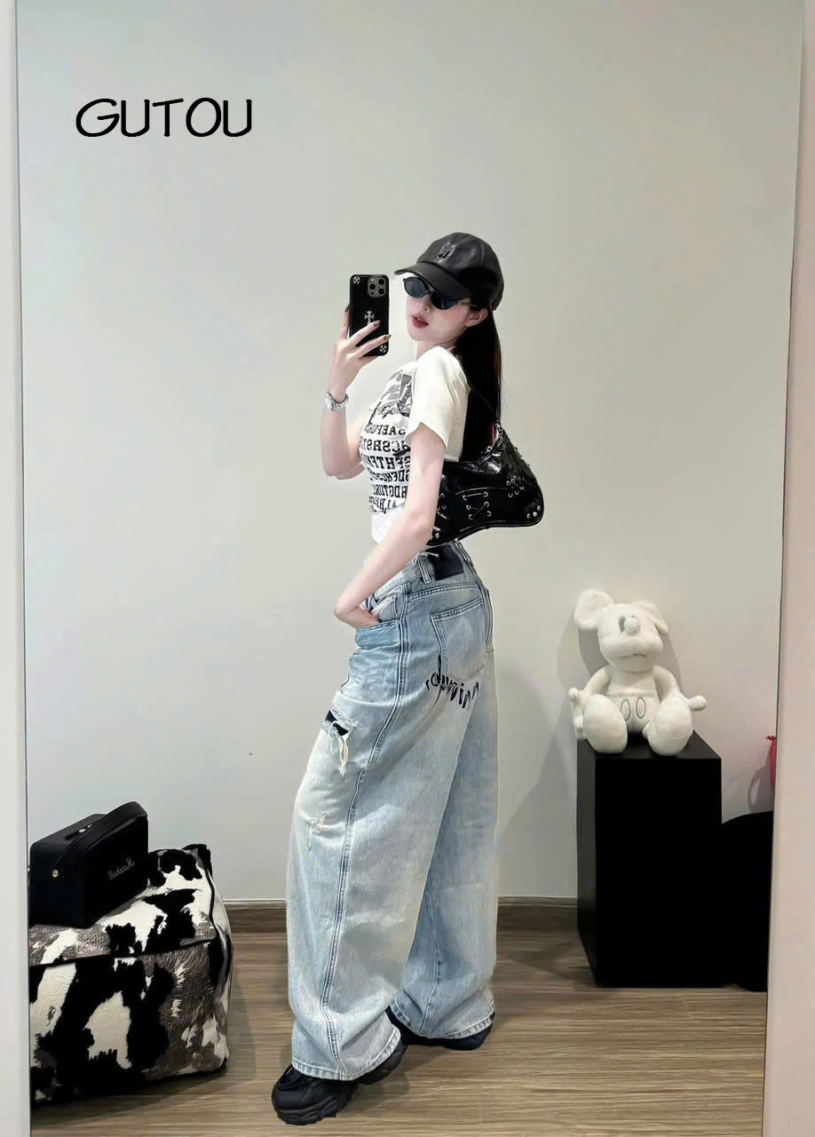 [ GUTOU ] Quần Jean Baggy Wash Sáng Rách Gối Casual Street_thumbnail_2