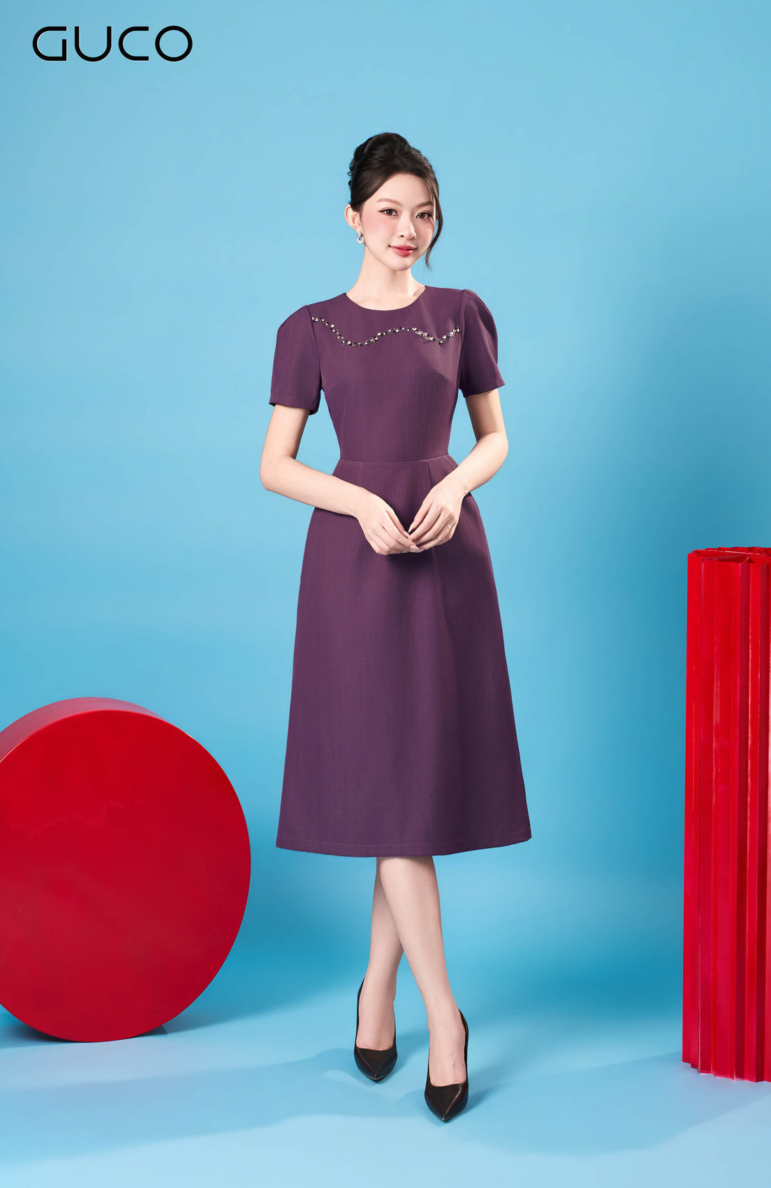 Đầm Dáng A Tím Đính Đá