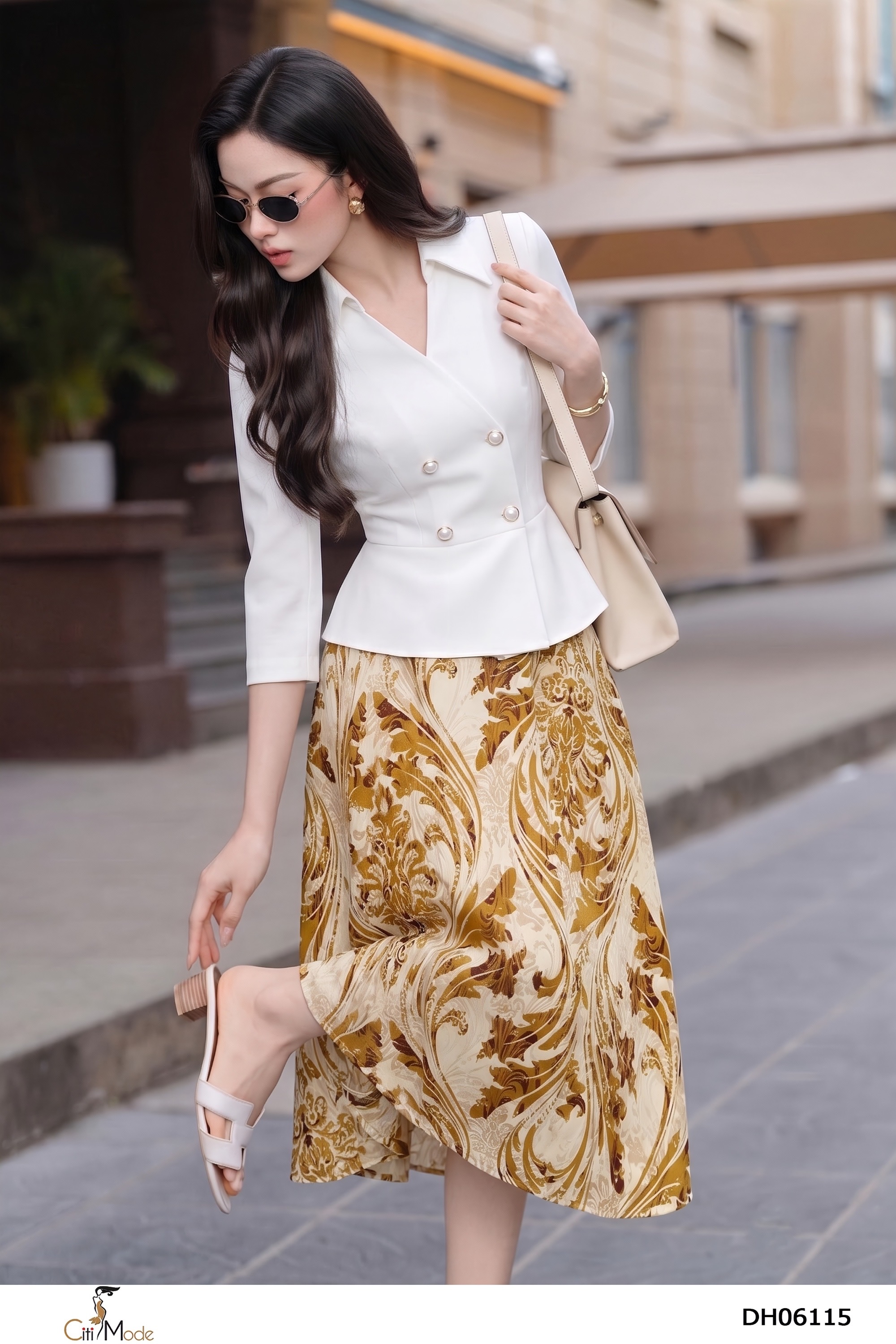 Đầm xòe hoa nâu phối trắng cổ đức tay lỡ_thumbnail_2