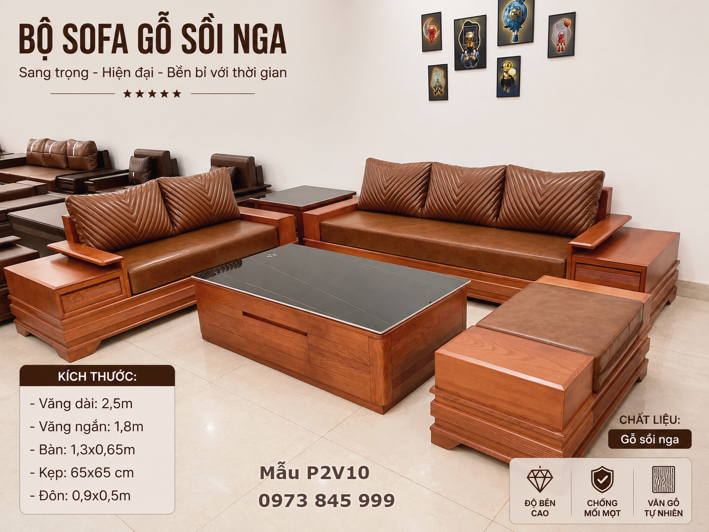 Sofa pháo 2 văng màu nâu vàng, đệm màu nâu bò